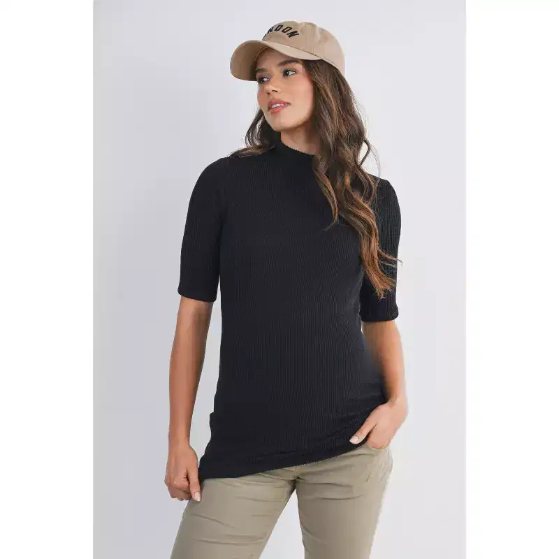Hello Miz Women's Ribbed Mock Neck Elbow Sleeve Maternity Top