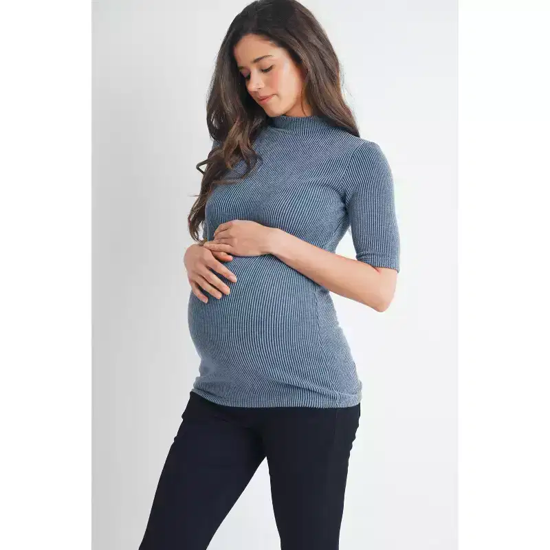 Hello Miz Women's Ribbed Mock Neck Elbow Sleeve Maternity Top