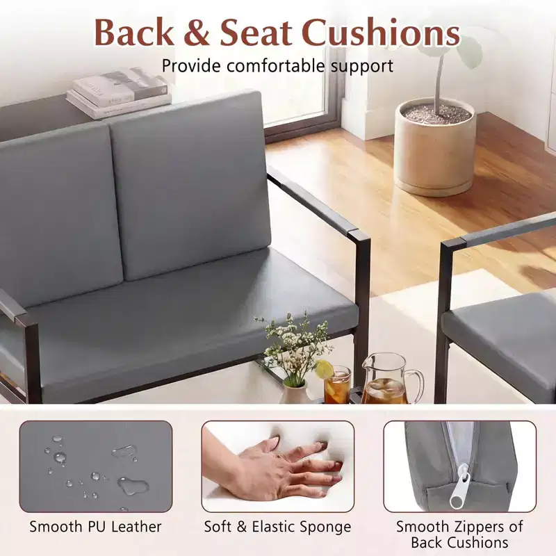 Modern 2-Seater Loveseat Sofa with Solid Metal Frame & Removable Back Cushions, Brown/Gray + Black
