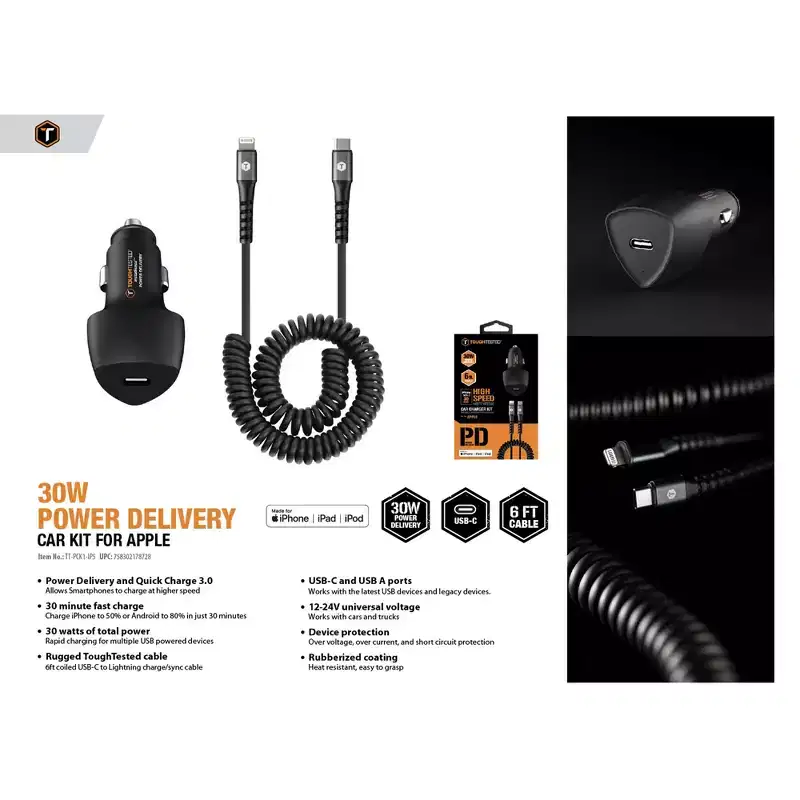 ToughTested PD High Speed Car Charger Kit For Apple with 20W USB-C Port and 6ft Coiled USB-C to Lightning Cable