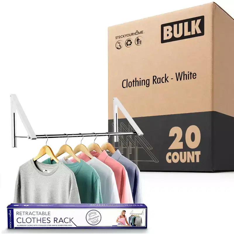 Wall-Mounted Retractable Double Foldable Clothing Rack w/ Extension Rod, White (20 Count)