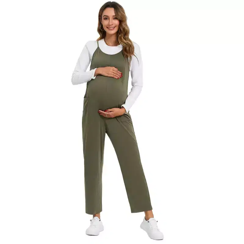 Coolmee Women's Maternity Jumpsuits Casual Adjustable Spaghetti Strap Jogger Overalls Outfits Pregnancy Rompers with Pockets S Green