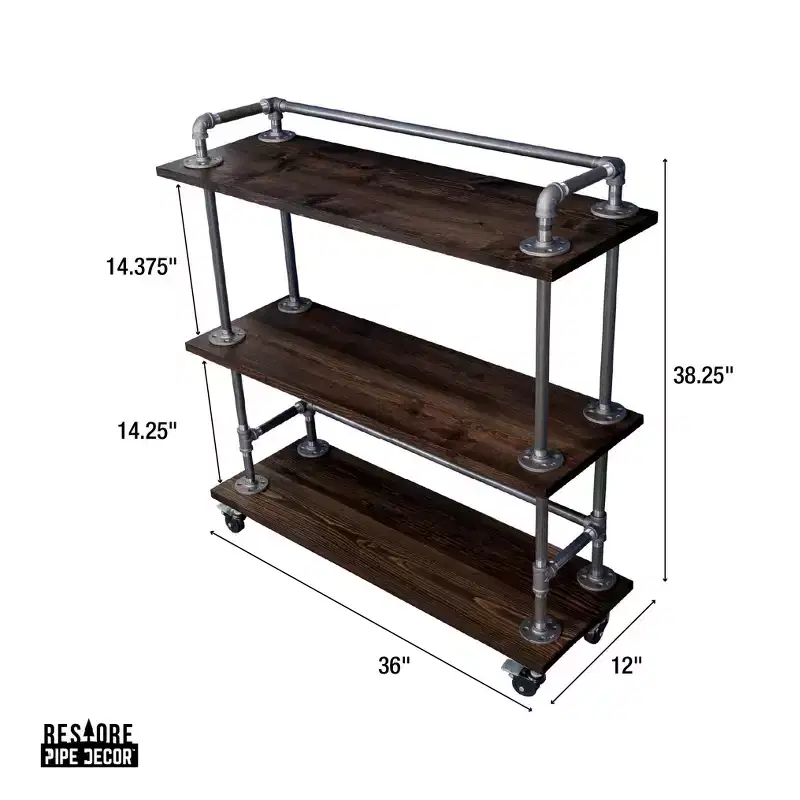 Pipe Decor Three-tier Wood Shelf Industrial Bar Cart with Locking Wheels, Boulder Black