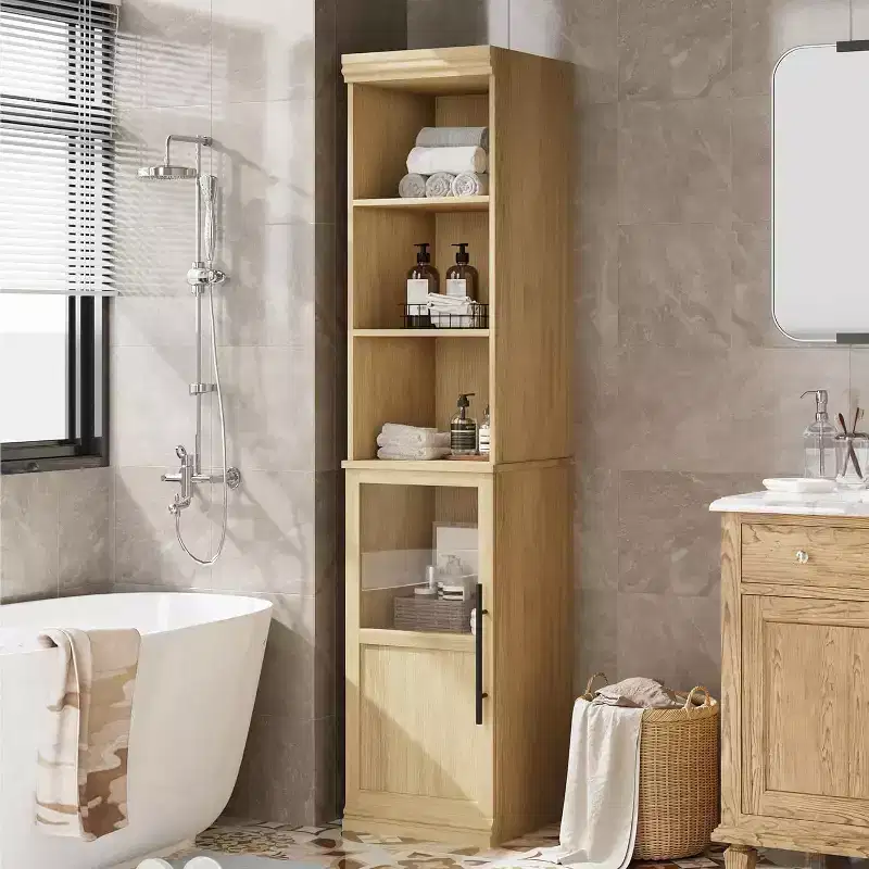 70 Tall Slim Bathroom Storage Cabinet with Door & Open Shelves, Narrow Freestanding Floor Cabinet for Small Spaces, Kitchen, Living Room