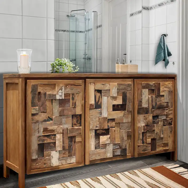 Bathroom Linen Cabinet with 3 Doors – Solid Teak Wood