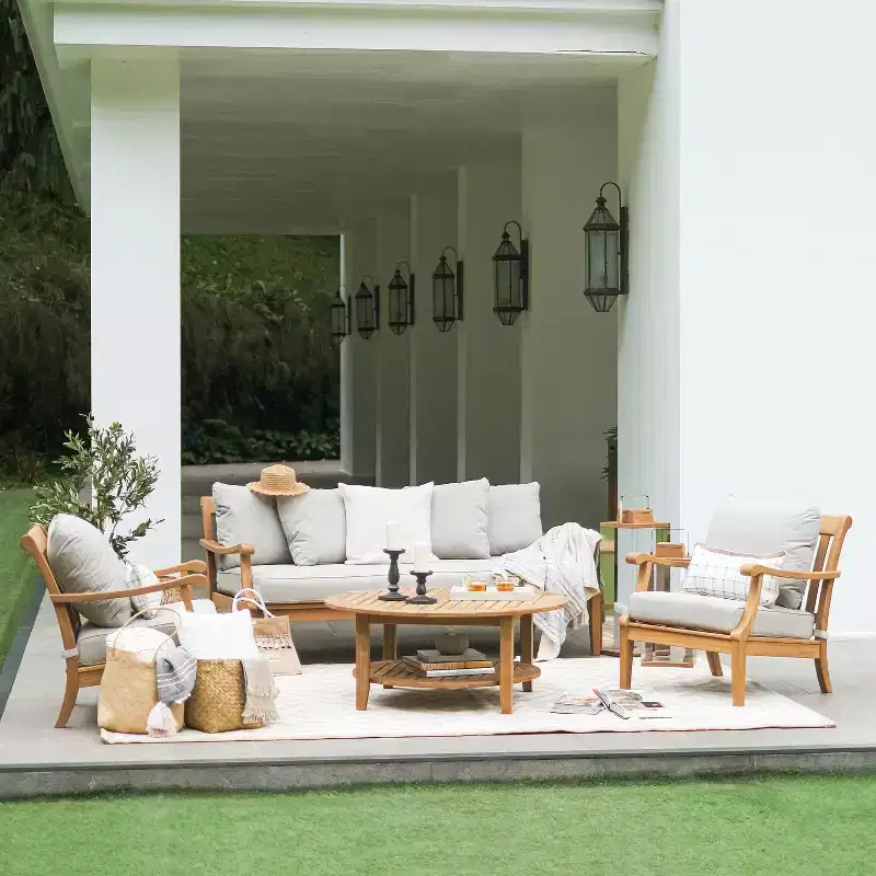 Sonoma Lane Forney 2pc Teak Wood Outdoor Lounge Chairs with Oyster Cushions - Weather-Resistant, Zippered Cushions