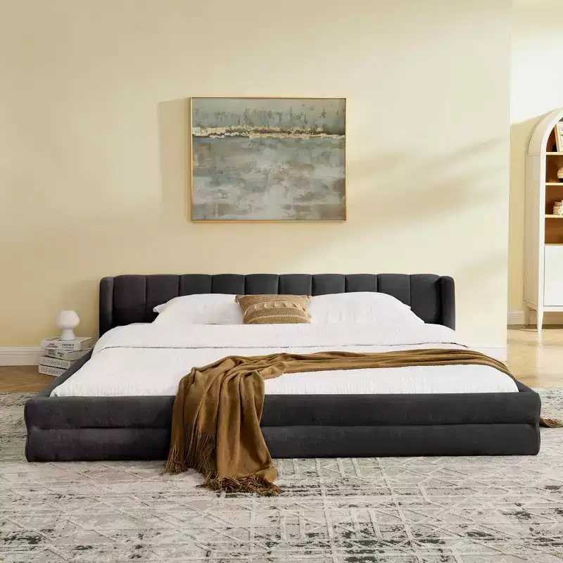 King Size Upholstered Bed with Headboard, Chenille Fabric Solid Frame for Bedroom, Gray