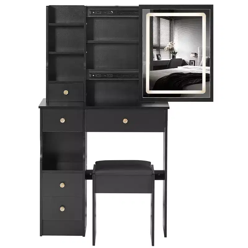 Small Size Left Drawer Desktop Dressing Dressing Table + Cushioned Stool, Extra Large Sliding Mirror