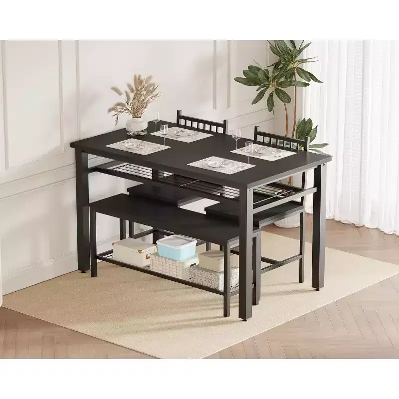 4 Piece Dining Table Set for 4, Wood Kitchen Table with 2 Chairs and Bench, Rectangular Kitchen Table Set with Storage Shelf for Living Room