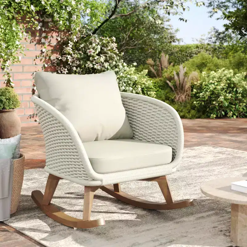 MAYEERTY Contemporary Beige Wicker Rocking Chair, Polyester Cushion Wooden Frame Chair for Patio Balcony Living Room