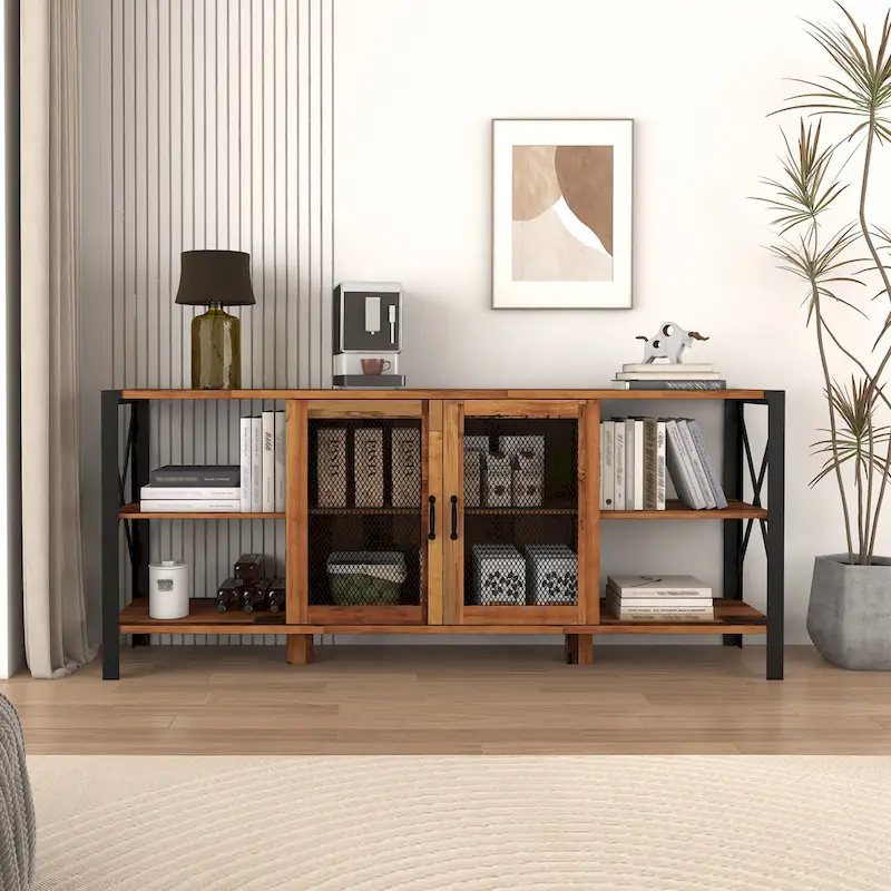 Walnut 70.87  Farmhouse TV Stand with Open Storage for 70  TVs
