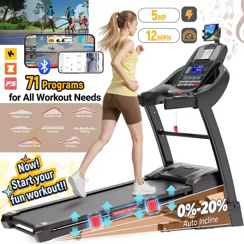 Folding Treadmill for Home, 5HP Motor, 20% Auto Incline, 12MPH, 71 Programs, Bluetooth APP, Shock-Absorbing Deck, 300LB Capacity, Knee Strap Gift