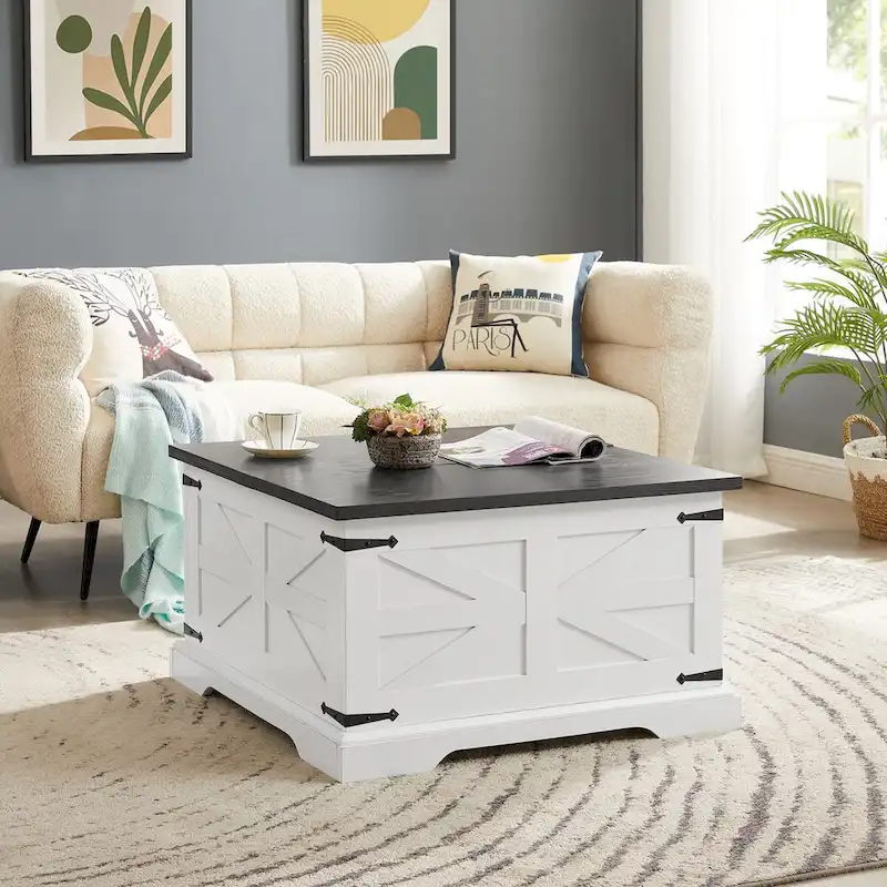 Roomfitters Farmhouse Coffee Table with Lift Top Square, Wood Center Table, Square Wood Center Table with Hidden Storage