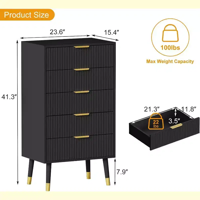 Fluted 5-Drawer Dresser - Gold Accent Modern Storage Cabinet for Bedroom & Living Room
