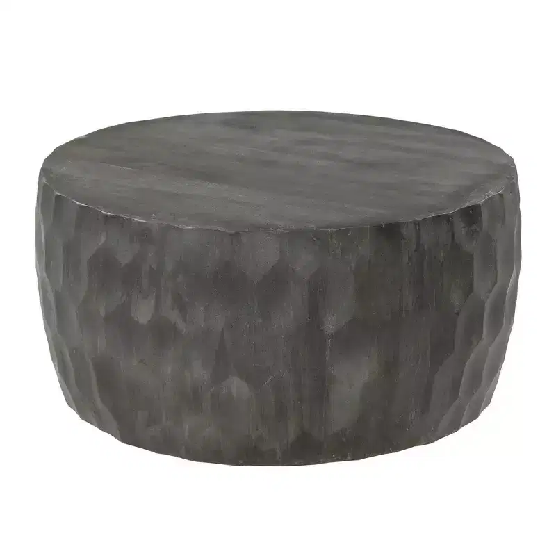 Royal Hampton Val 34 Inch Handcrafted Mango Wood Coffee Table, Hammered Round Drum Shape, Honeycomb,