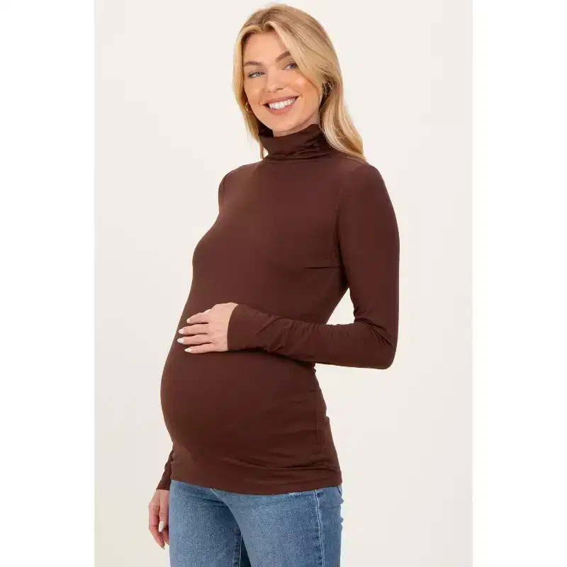 Pinkblush Brown Brushed Knit Basic Turtleneck Maternity Top