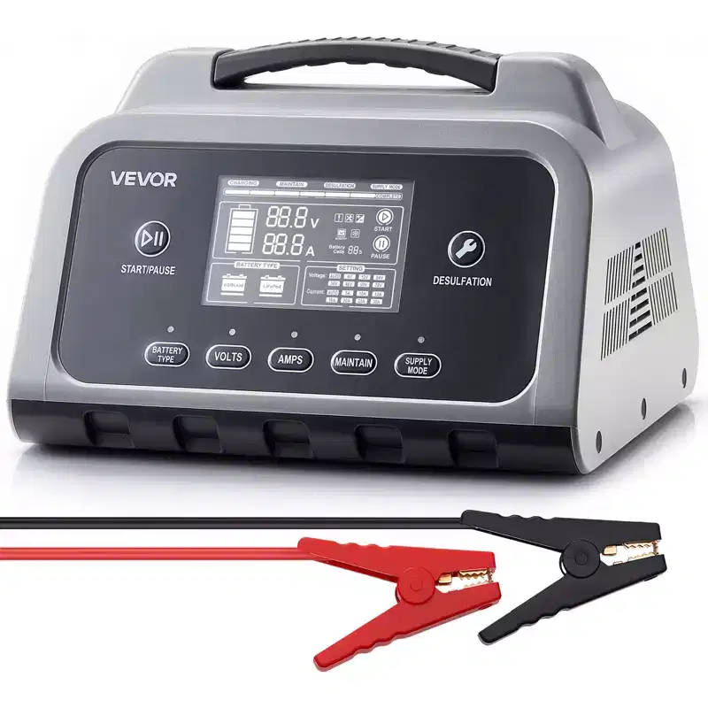 VEVOR Smart Battery Charger, 16A, 6V 12V 24V 36V 48V 60V 72V Lithium LiFePO4 Lead-Acid (Gel/AGM) Car Battery Charger, with LCD Display, Gray