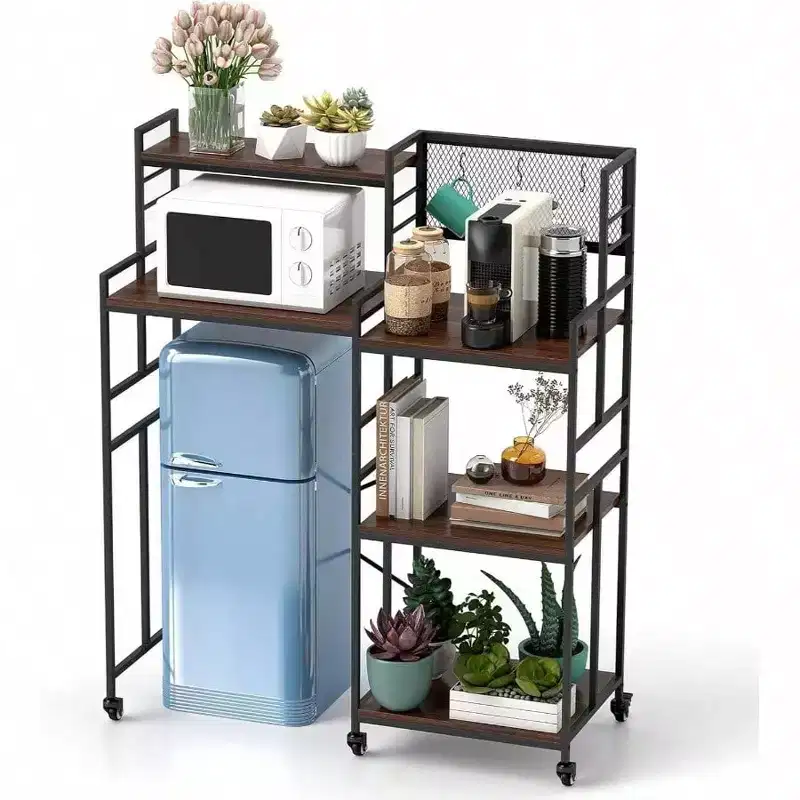 Fridge Shelf with Wheels 5 Tier Kitchen Bakers Rack Adjustable Microwave Oven Stand Table with Storage Fridge Stand