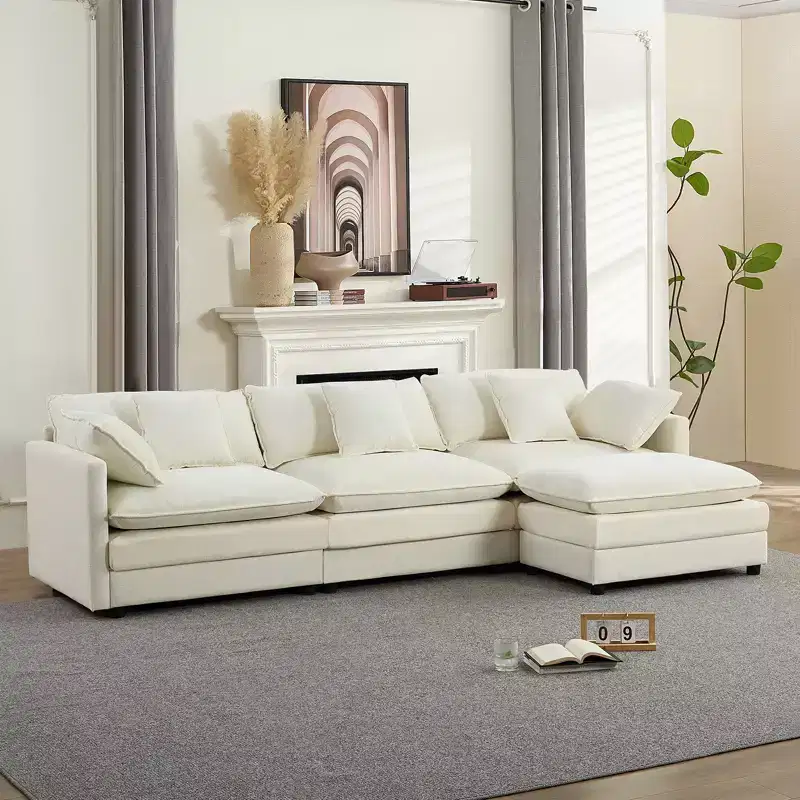 Mjkone 113'' L-Shaped Modular Sectional Sofa,Modern Chenille 4-Seat Cloud Couch with Ottoman and Thickened Cushion