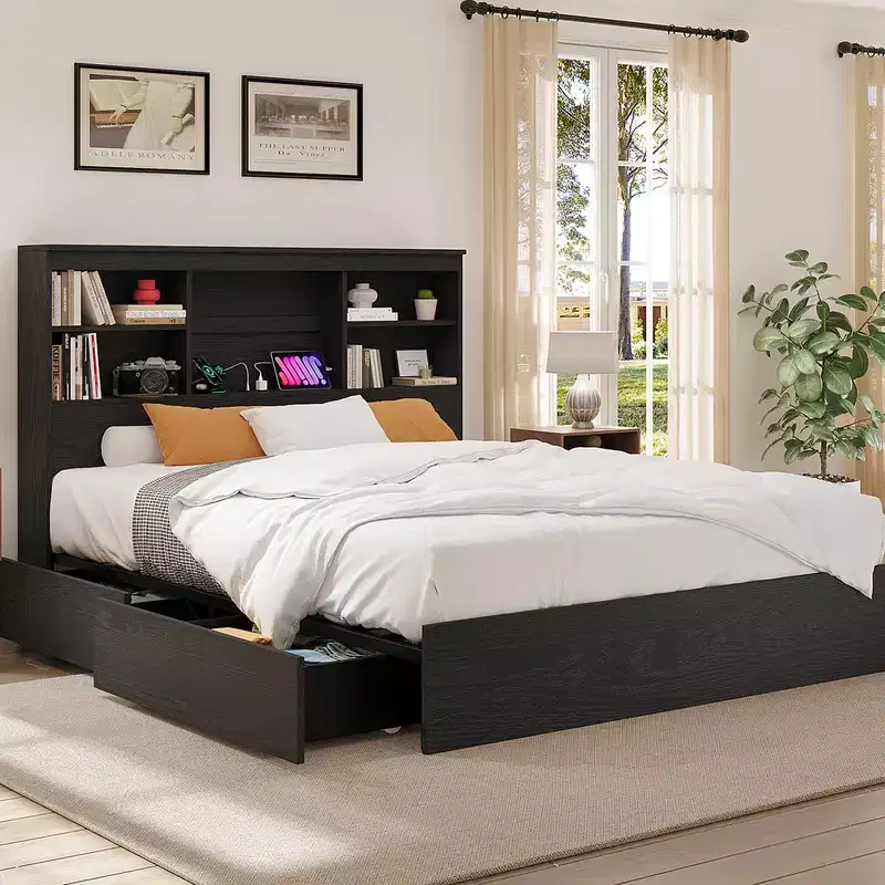 Bed Frame with Bookcase Headboard, 4 Drawers & Built-in Charging Station – No Box Spring Needed