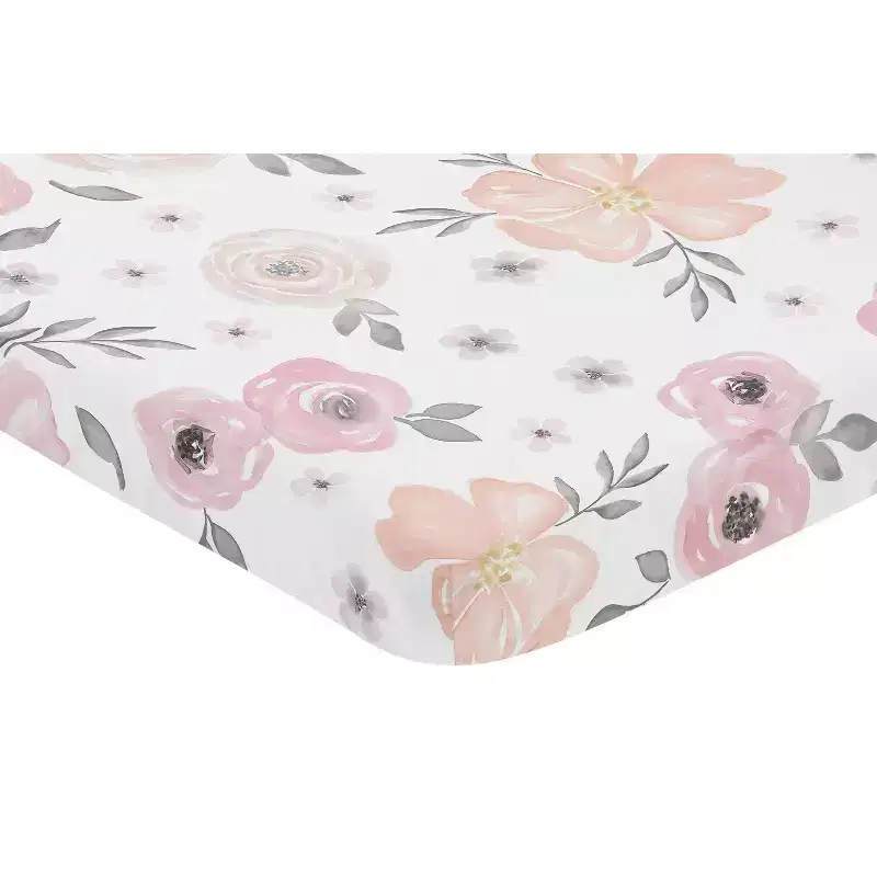Sweet Jojo Designs Girl Baby Fitted Mini Crib Sheet Watercolor Floral Pink Grey and White