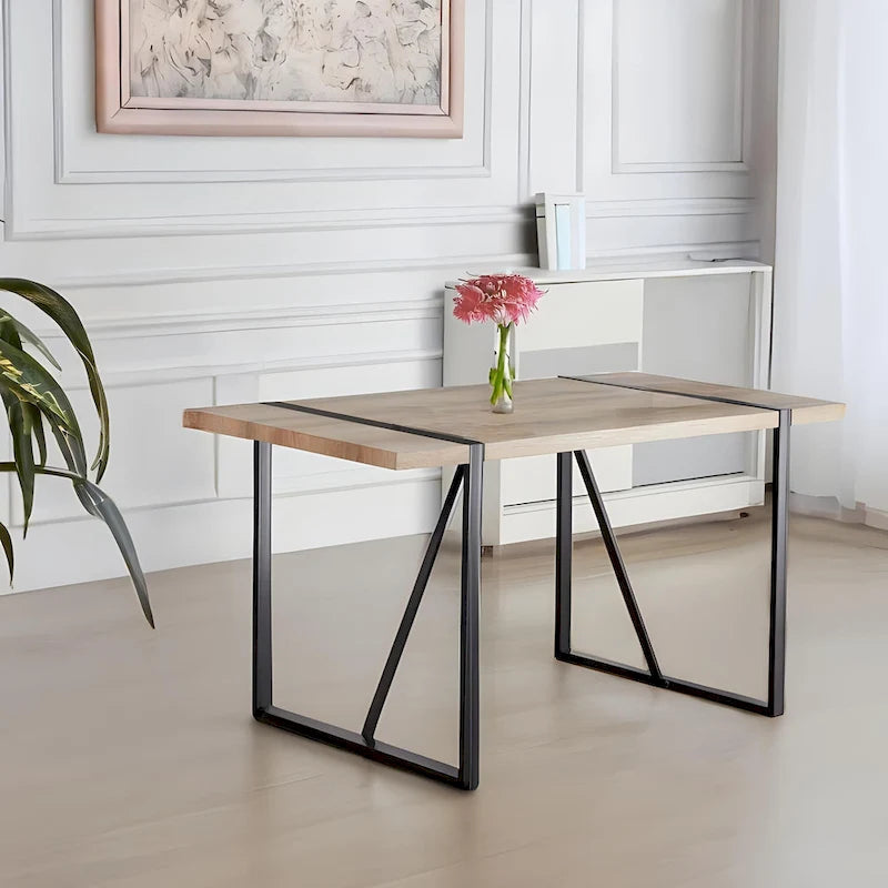 Natural Wood Industrial 5-Piece Dining Table Set with 4 Chairs, Metal Base & Legs