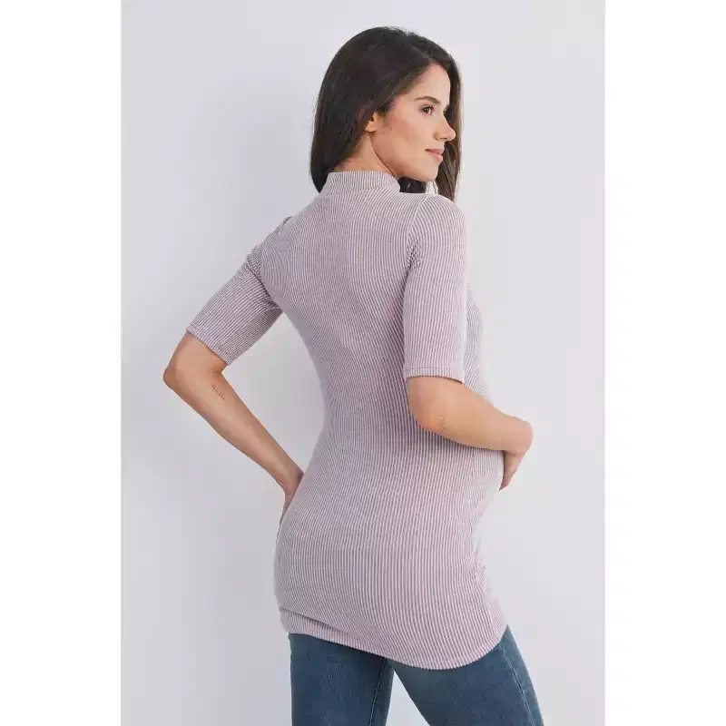 Hello Miz Women's Ribbed Mock Neck Elbow Sleeve Maternity Top