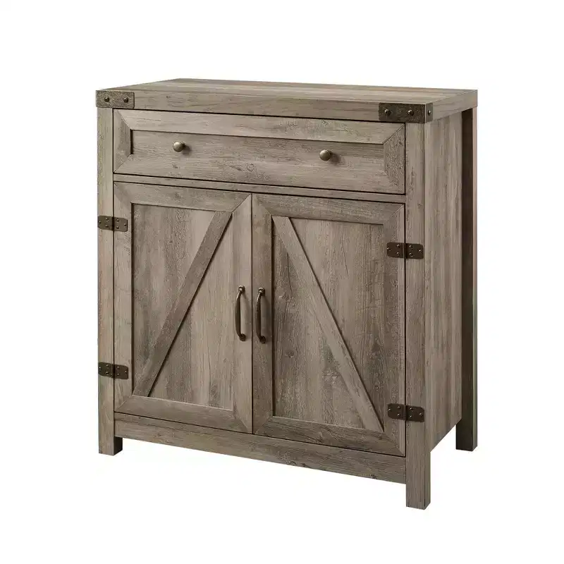 Rustic Farmhouse Barn Door Accent Cabinet with Drawer and Adjustable Shelf