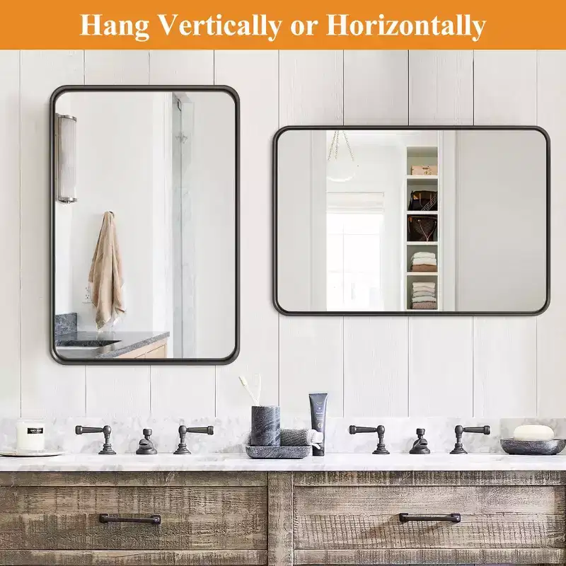 Black Painted Aluminum Alloy Rounded Rectangle Wall Mirror, 96 x 66 x 5 cm (Deep Reflection)