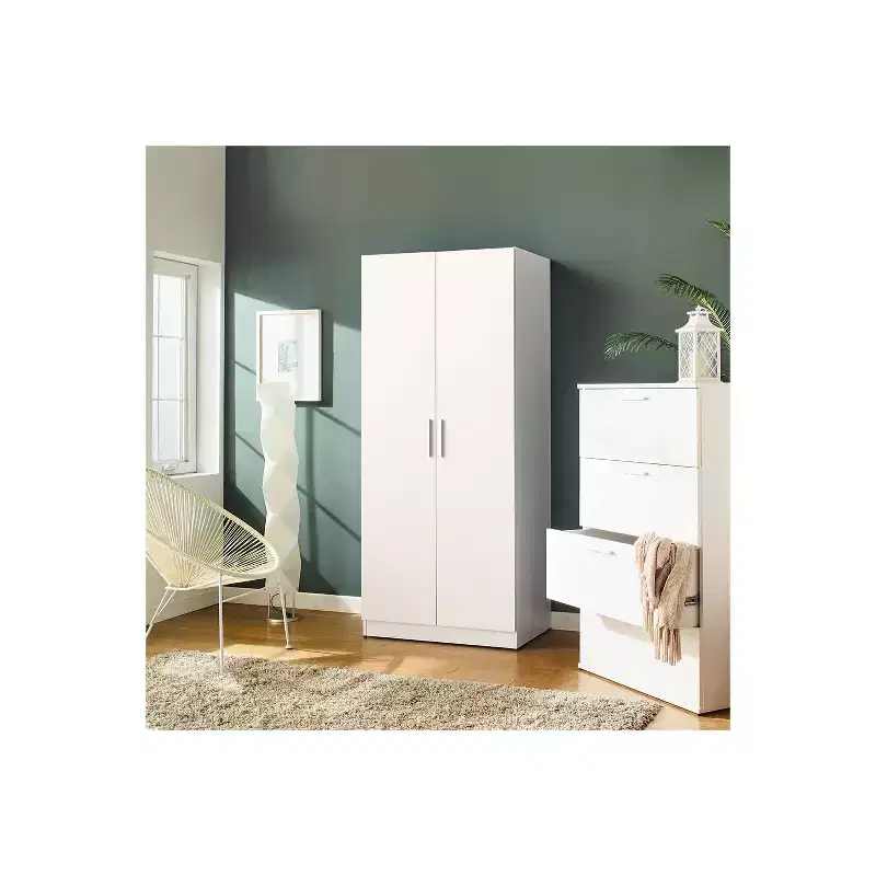White 2-Door Wood Wardrobe with Hanging Bars & Shelves