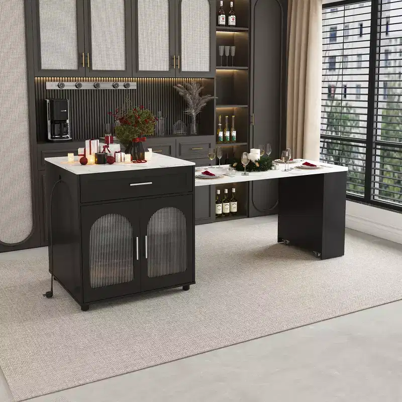 Kitchen Island with Dining Table, Wood Grain Countertop, Power Outlet & Storage Cart