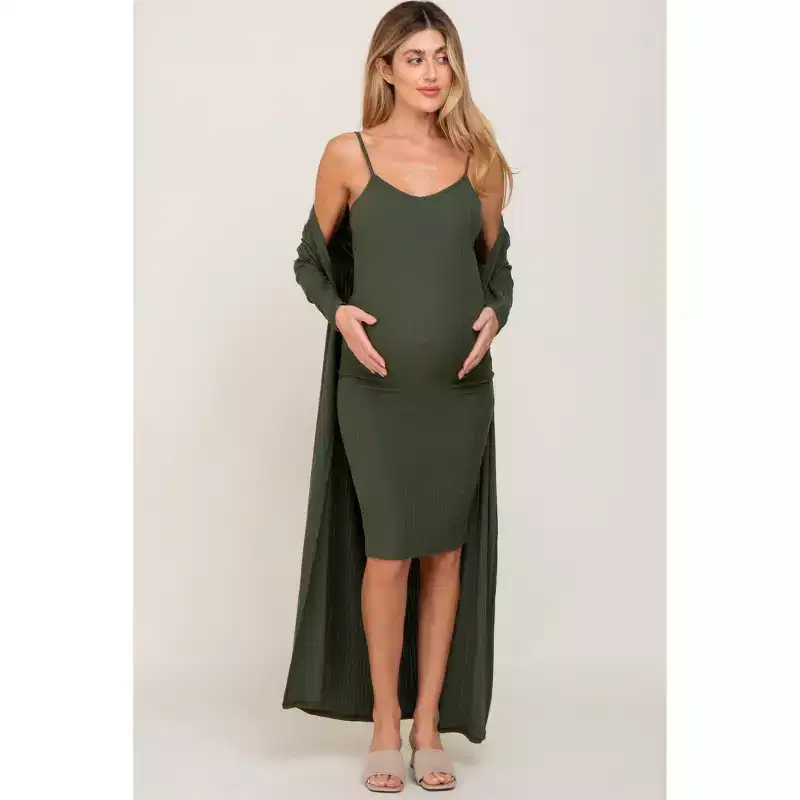 PinkBlush Olive Ribbed Cardigan 2 Piece Maternity Set