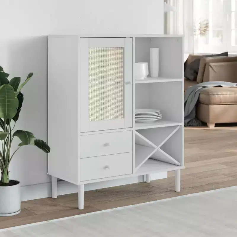 Highboard Tall Storage Side Cabinet Rattan Look Solid Wood Pine