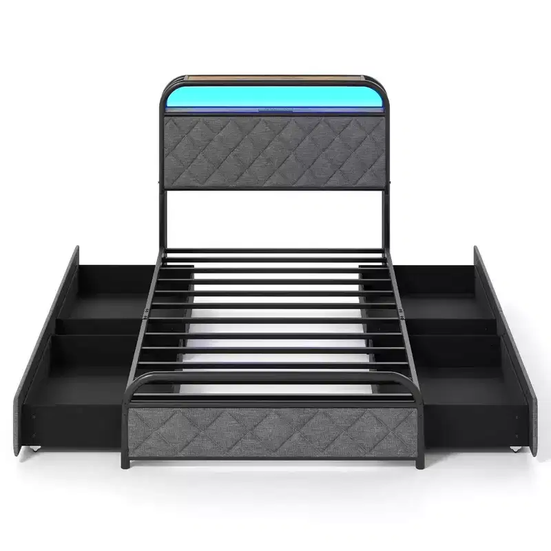 Costway Twin/Full/Queen Size Bed Frame with LED Lights & Charging Station Storage Headboard Black