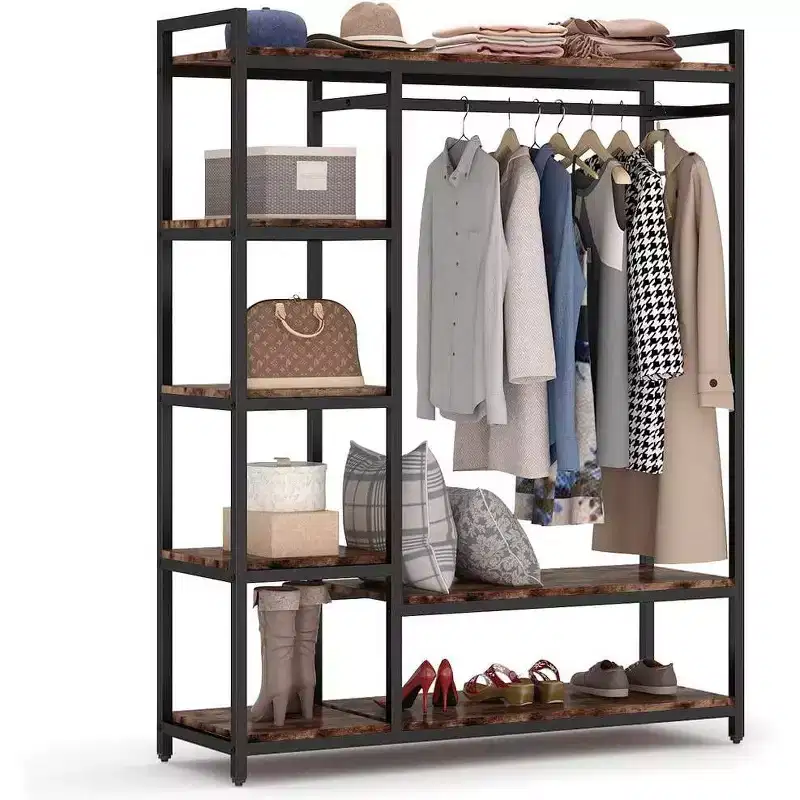 Lantine Freestanding Closet Organizer, Heavy Duty Clothes Closet, Portable Garment Rack with 6 Shelves and Hanging rod