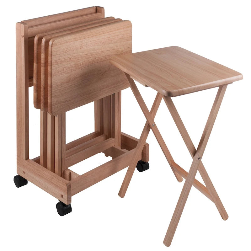 5 Pc Natural Wood Brienda Flip Top Snack Table Set with Mobile Stand 32