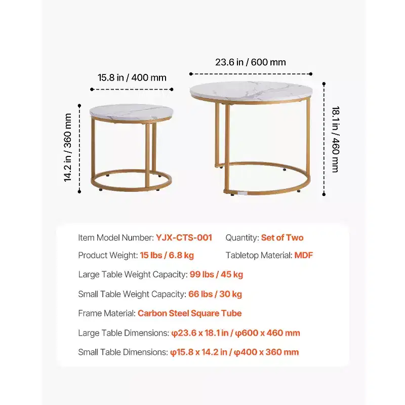 2 Piece White Gold Nesting Coffee Table Set, 23.6 Round Marble Pattern MDF Metal Frame End Side Tables for Small Space