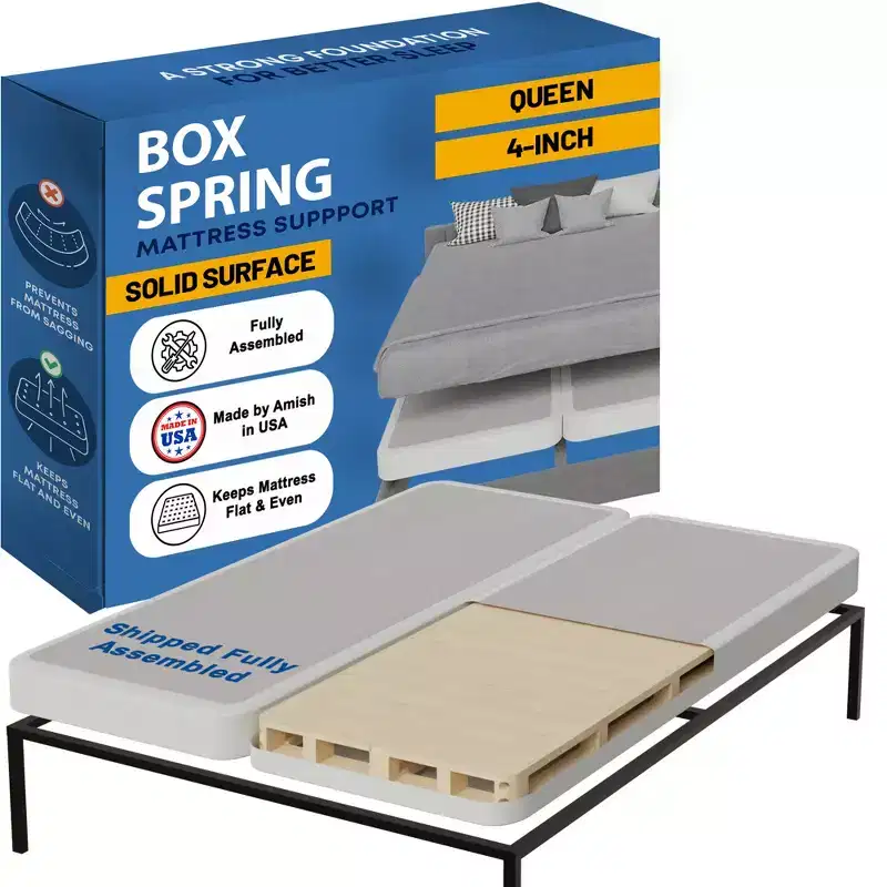 Solid Surface Box Spring Bed Base Queen Size, Quiet Noise Free, 2-Pieces Under Mattress-Support Box Spring, White