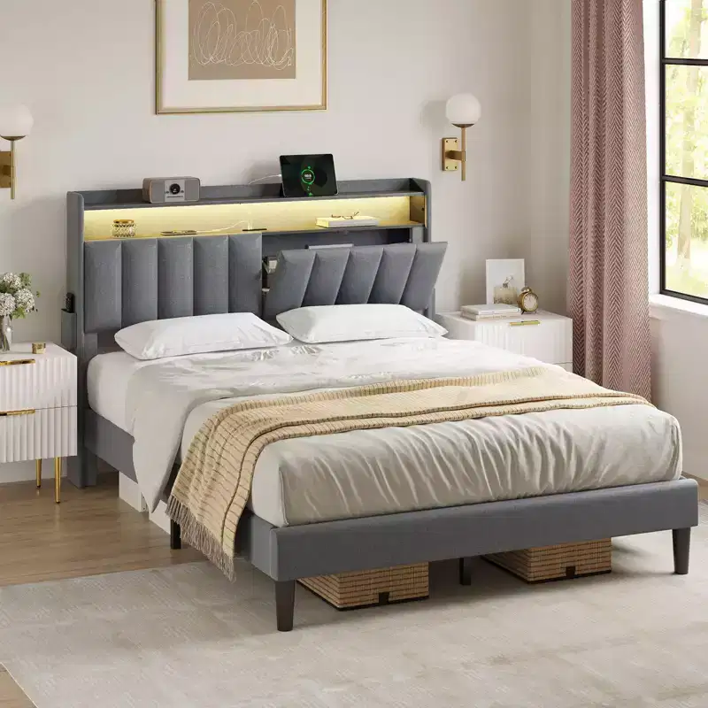 Hausource Upholstered Full Bed Frame w/Hidden Storage Headboard, LED Light, Charging Station, No Box Spring Needed