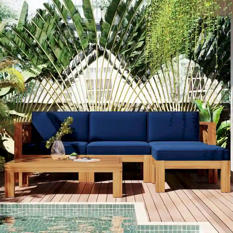 Natural Natural Acacia Wood Outdoor Sectional Sofa Set with Solid Table