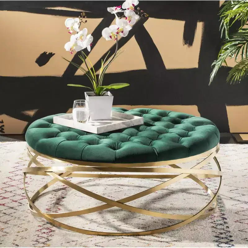 Tufted Velvet Ottoman, Emerald Green with Gold Metal Base, Decorative Footstool
