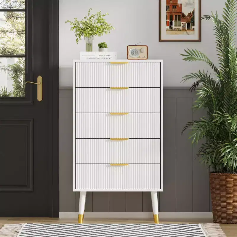 Modern 5-Drawer Dresser for Bedroom, 57 Wide Fluted Wood Chest of Drawers