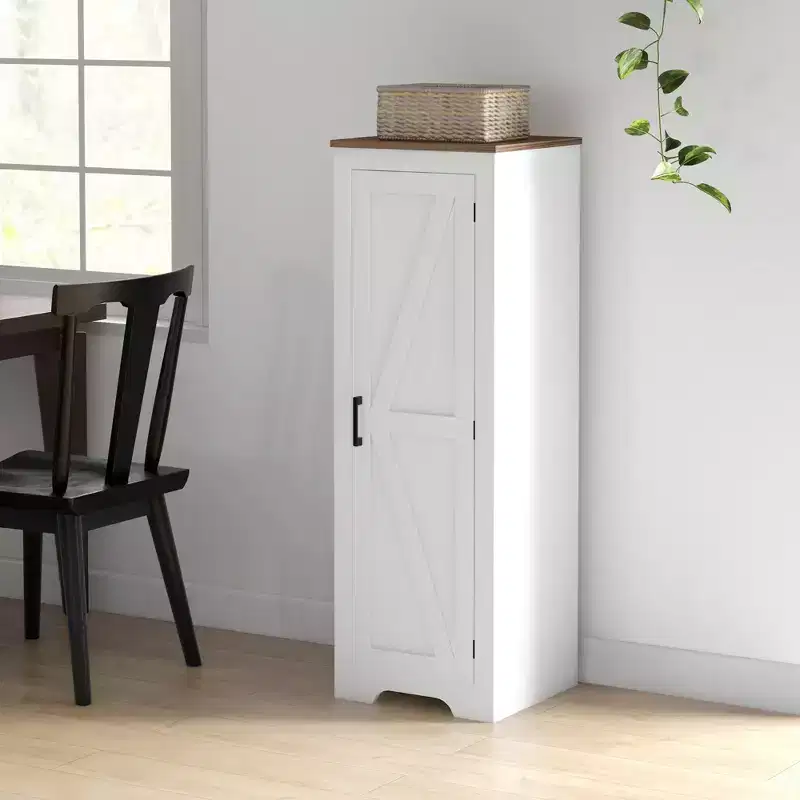 HOMCOM Farmhouse Storage Cabinet with Adjustable Shelf, Single Barn Door Accent Cabinet for Living Room, Floor Pantry Cabinet, White
