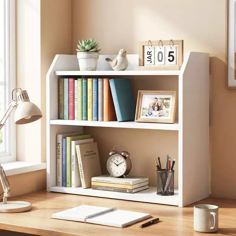2PCS-3-Tier Desktop Bookshelf w/Raised Top Guardrails Space-Saving Display Shelf
