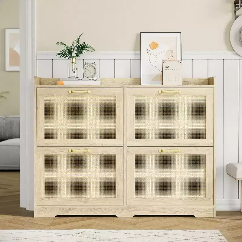 Rattan Shoe Storage Cabinet with 4 Flip Drawers, Hidden Shoe Storage Organizer Cabinet