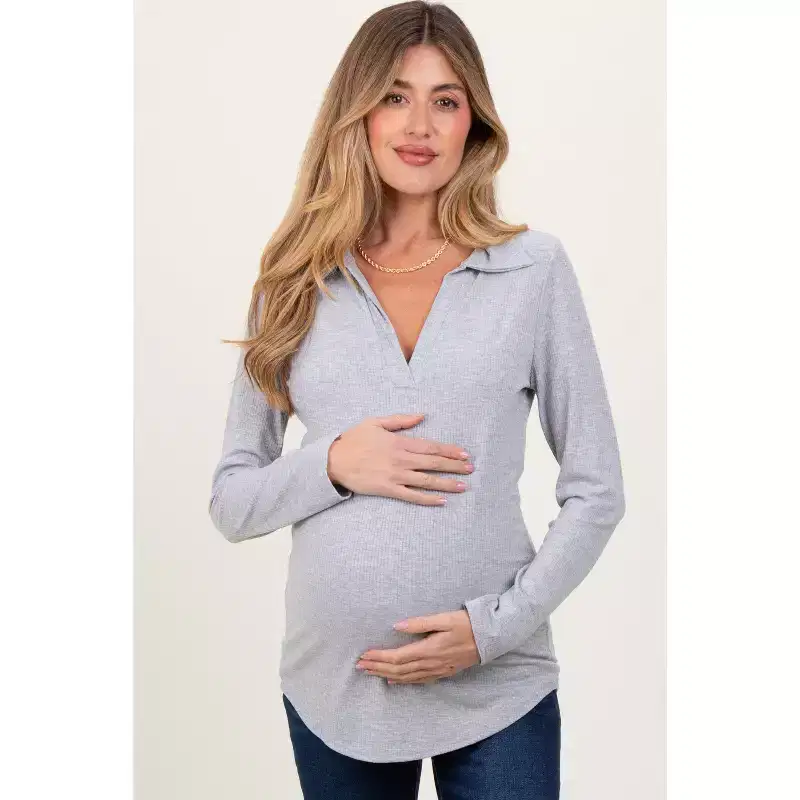 Pinkblush Heather Grey Ribbed Collared Maternity Long Sleeve Top