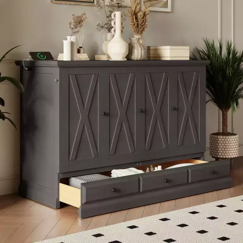 Queen/Full Size Wooden Murphy Bed with USB Charging & Storage Drawers