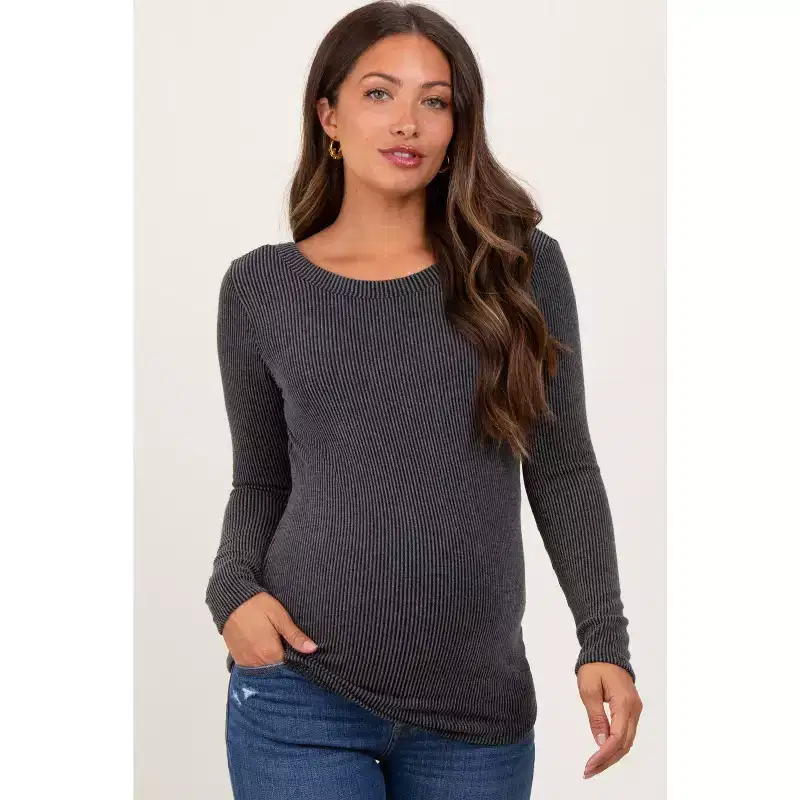 Pinkblush Charcoal Ribbed Scoop Neck Long Sleeve Maternity Top