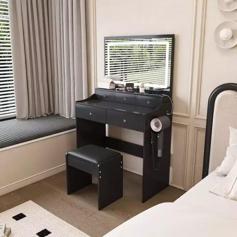 Makeup Vanity with Large 3-Color Adjustable Mirror, Desk with Power Outlet and Hair Dryer Holder