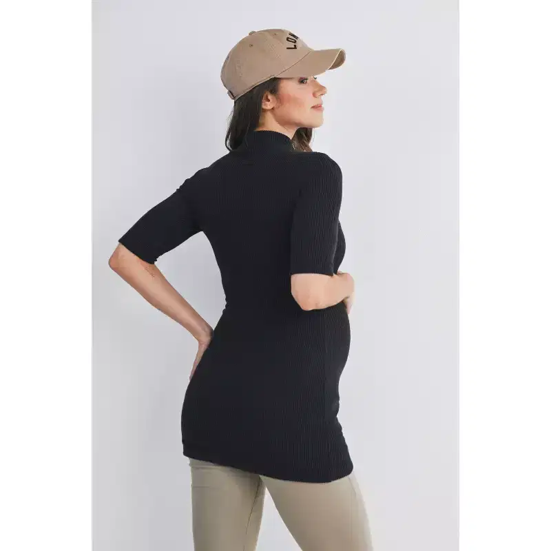 Hello Miz Women's Ribbed Mock Neck Elbow Sleeve Maternity Top